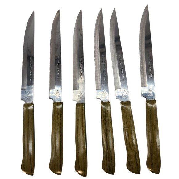 Vtg Household's Steak Knives Green Avocado Handles Wood Block Holder w/ Box MCM - Picture 4 of 9